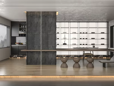 Modern Tea Room Interior Design With Wooden Floor Display Shelves And Stone Partition Wall 3d model