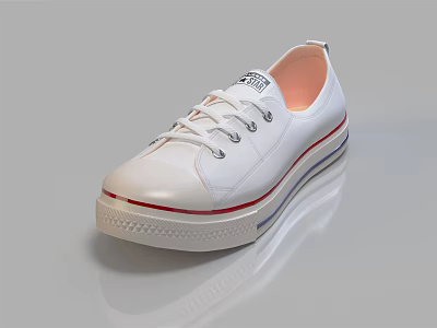 Classic White Canvas Shoes With Round Toe Red Blue Stripe Sole And White Laces 3d model