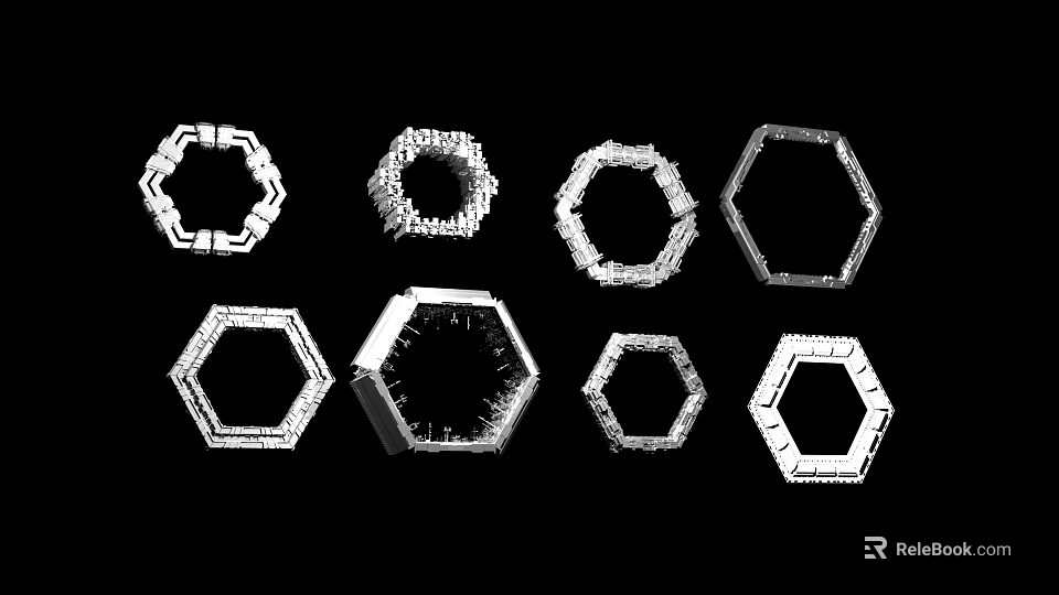 Various Abstract White Hexagon Geometric Decorative Design Patterns On Black Background 3d model 