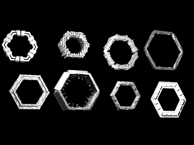 Various Abstract White Hexagon Geometric Decorative Design Patterns On Black Background 3d model