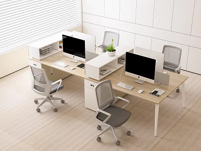 Modern Office Desk Workspace With Computer Monitors Office Chairs Green Plants And Storage Shelves 3d model
