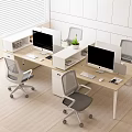 Modern Office Desk Workspace With Computer Monitors Office Chairs Green Plants And Storage Shelves
