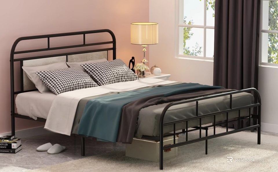 Black Metal Bed Frame with Plaid Pillows Table Lamp and Window Curtains 3d model 
