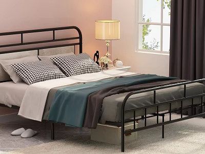 Black Metal Bed Frame with Plaid Pillows Table Lamp and Window Curtains 3d model