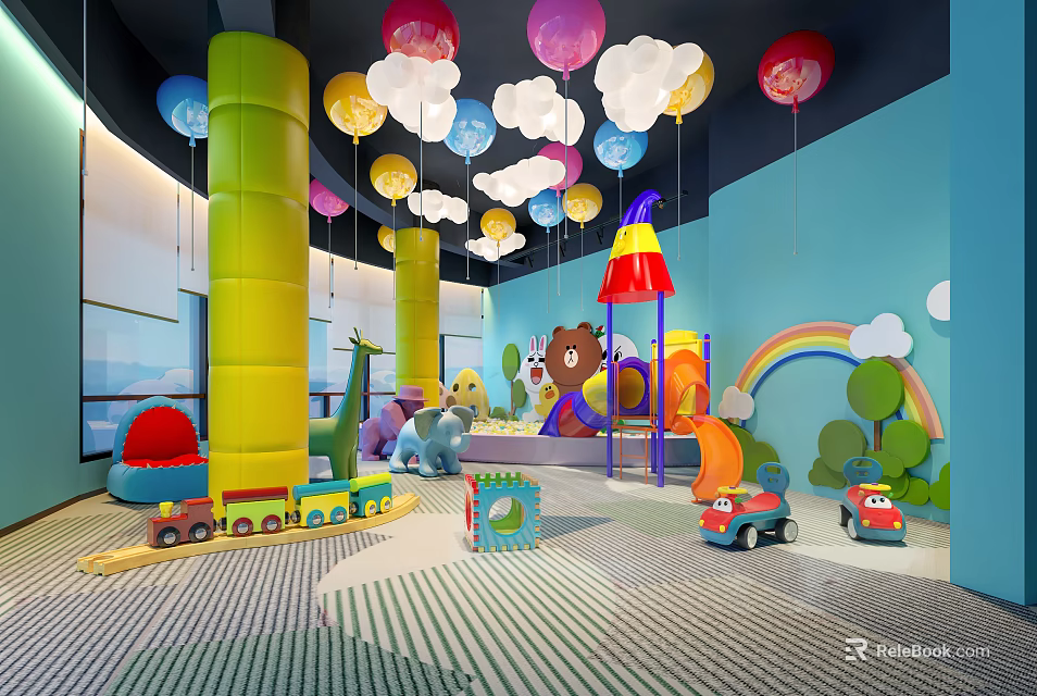 Kindergarten Play Area With Colorful Balloons Yellow Pillars Slide Rainbow And Toy Cars 3d model 