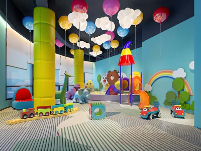 Kindergarten Play Area With Colorful Balloons Yellow Pillars Slide Rainbow And Toy Cars 3d model