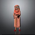 Traditional Red Robed Doll Figure With Headscarf Holding Wooden Cane And Red Shoes