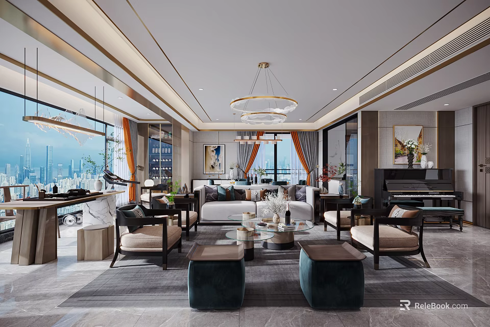 Modern Living and Dining Room Interior With Large Windows City View Chandelier And Sofa 3d model 