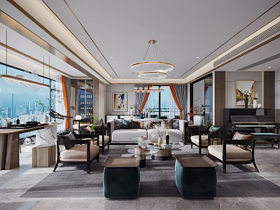Modern Living and Dining Room Interior With Large Windows City View Chandelier And Sofa 3d model