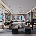 Modern Living and Dining Room Interior With Large Windows City View Chandelier And Sofa
