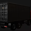 Red Heavy Duty Truck With Black Cargo Container And Multiple Wheels