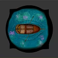 Wooden Boat Floating On Turquoise Water With Purple Glowing Spots And Oar
