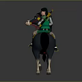 Female Character With Blue Hair In Green Outfit Riding Black Horse With White Facial Markings