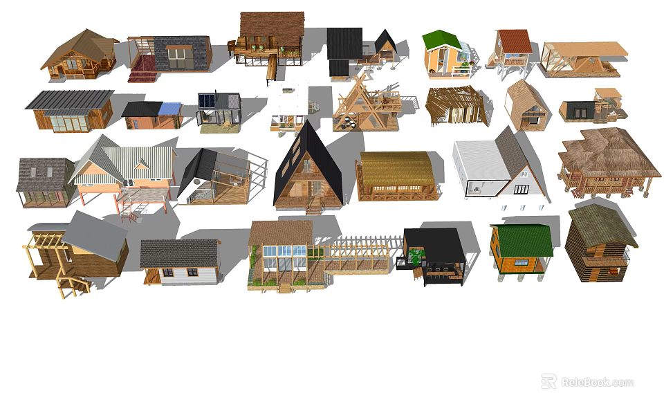 Collection of Various Wooden House Models with Different Roof Styles and Designs 3d model 