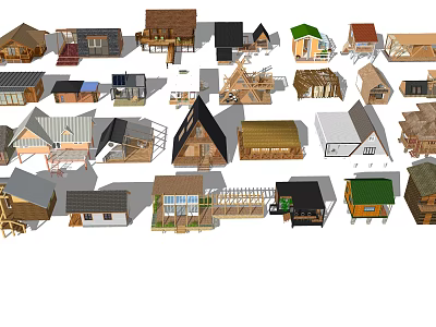 Collection of Various Wooden House Models with Different Roof Styles and Designs 3d model