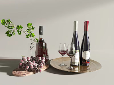 Wine Bottles And Wine Glasses Arranged With Grapes And Green Leaves On A Tray 3d model