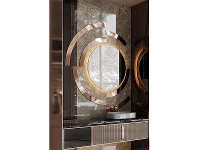 Modern Luxurious Bathroom Vanity With Round Copper Frame Mirror And Marble Countertop 3d model