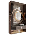 Modern Luxurious Bathroom Vanity With Round Copper Frame Mirror And Marble Countertop