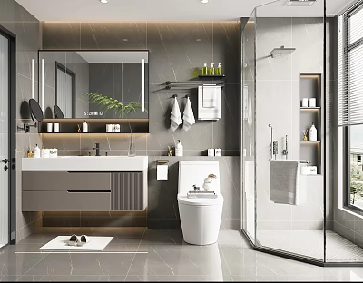 Modern Bathroom Interior with Glass Shower White Toilet Vanity Mirror Towel Rack and Tile Walls 3d model