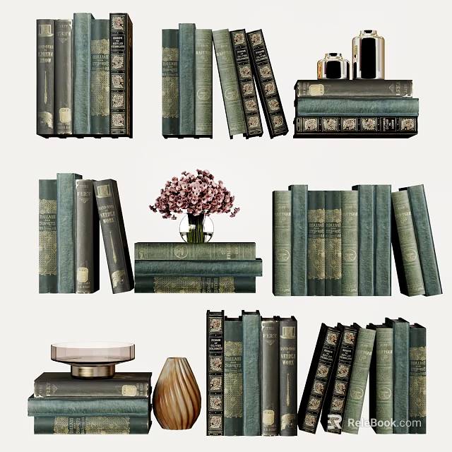Vintage Green Books Stacked With Pink Flowers In Vase And Decor Items 3d model 