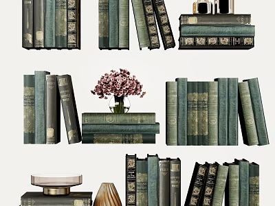 Vintage Green Books Stacked With Pink Flowers In Vase And Decor Items 3d model