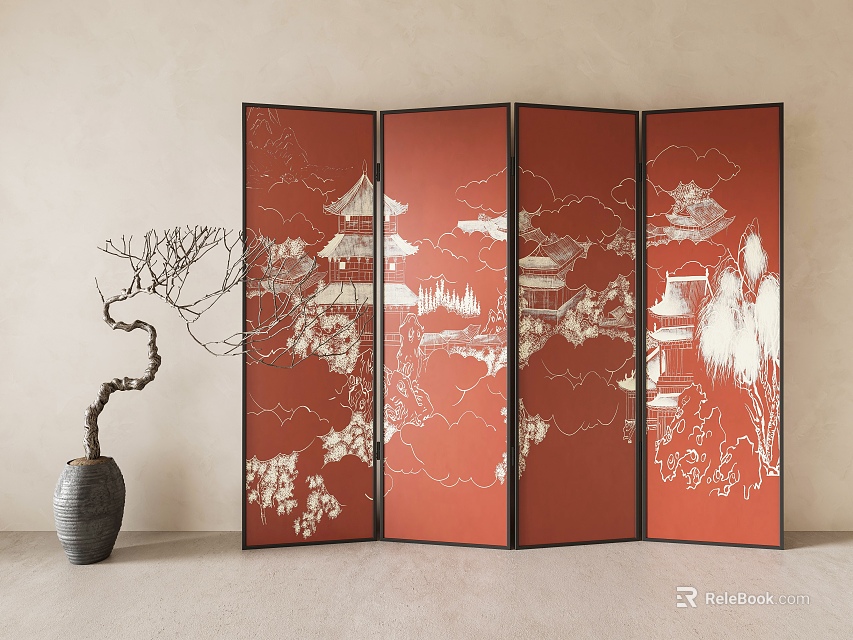 Red Room Divider with Scenic Patterns and Ceramic Vase with Bare Branches in Interior Space 3d model 