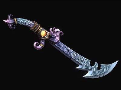 Ornate Decorative Blade With Snake Shaped Handle Golden Accents Yellow Gem And Carved Edge 3d model