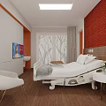 Modern Hospital Patient Room With Bed White Chair Wooden Floor And Red Wall Decor