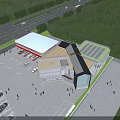 Aerial View Planning of Commercial Complex With Solar Panel Roofs Parking Lot and Greenery