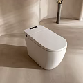 Modern White Toilet in Bathroom with Beige Wall Vase Dry Branches and Natural Light Shadows