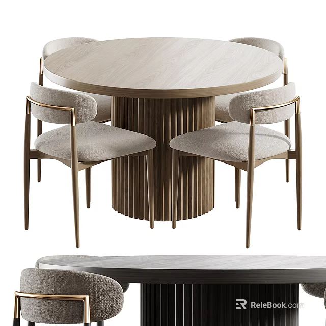 Modern Round Dining Table Set With Wooden Top And Upholstered Metal Leg Chairs 3d model 