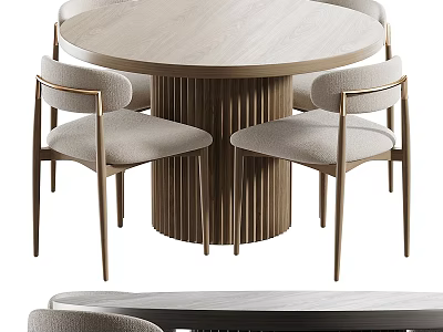 Modern Round Dining Table Set With Wooden Top And Upholstered Metal Leg Chairs 3d model