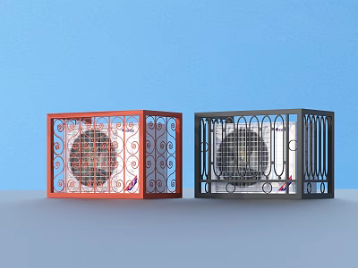 Two Red And Black Air Conditioner Fans With Iron Frame On Blue Background 3d model