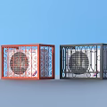 Two Red And Black Air Conditioner Fans With Iron Frame On Blue Background
