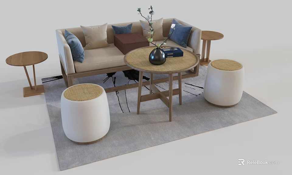 Modern Sofa Coffee Table Set With Decorative Pillows Round Table Vase And Stools On Rug 3d model
