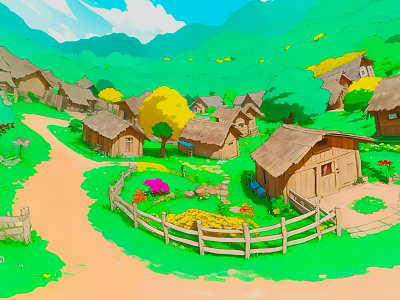 Cartoon Scene With Thatched Cottages Dirt Path Green Mountains Blue Sky White Clouds Yellow Tree And Flowers 3d model