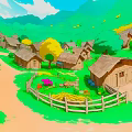 Cartoon Scene With Thatched Cottages Dirt Path Green Mountains Blue Sky White Clouds Yellow Tree And Flowers