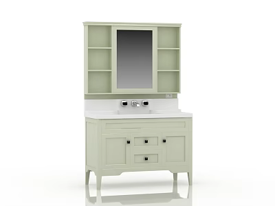 Light Green Bathroom Vanity With Mirror Open Shelves Drawers And Cabinets 3d model