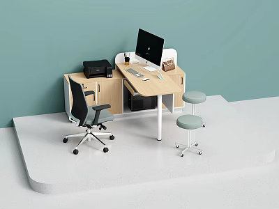 Modern Office Desk and Chair Set with Computer Monitor Keyboard Printer and Green Stools 3d model