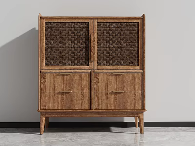 Natural Wood Chest of Drawers with Woven Panel Doors and Multiple Storage Drawers 3d model