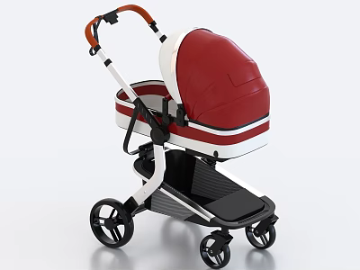 Modern Red And White Baby Stroller With Leather Seat And Sturdy Frame 3d model
