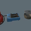 Industrial Gas Equipment Featuring Blue Stove Red Cylinder And Metal Container