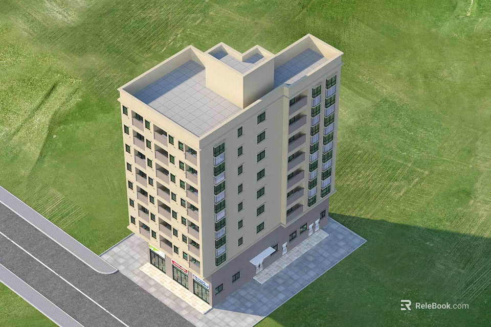 Detached Villa with Multiple Floors Light Colored Exterior and Green Lawn 3d model 