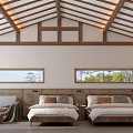 Minimalist Hotel Room Interior With Twin Beds Wooden Elements And Floor to Ceiling Windows