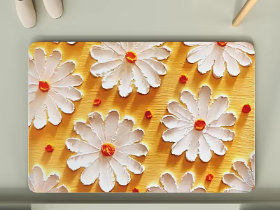 Decorative Desk Mat With Textured White Daisies And Orange Centers On Yellow Background 3d model
