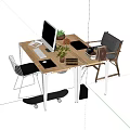 Modern Office Desk With White Frame Wooden Top Monitor Plant Books And Two Chairs