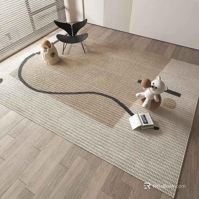 Square Woven Beige Brown Rug with Black Curved Pattern White Dog Plush Open Book 3d model 