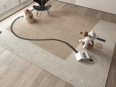 Square Woven Beige Brown Rug with Black Curved Pattern White Dog Plush Open Book 3d model