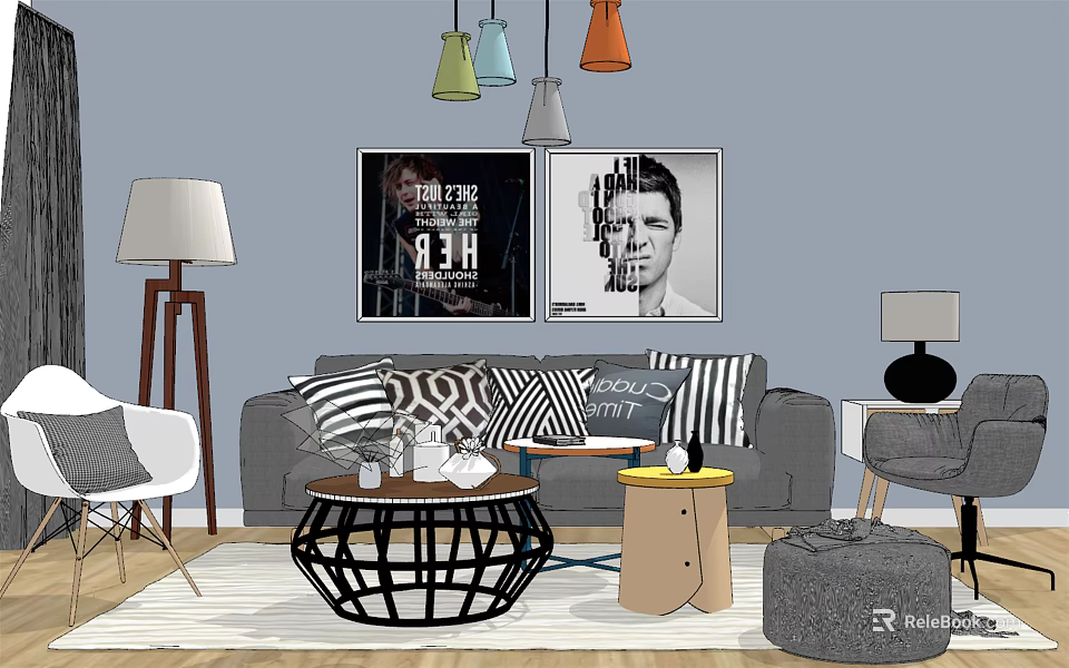Gray Sofa With Striped Pillows And Coffee Table Set Geometric Wooden And Colorful Pendant Lights 3d model 