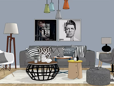 Gray Sofa With Striped Pillows And Coffee Table Set Geometric Wooden And Colorful Pendant Lights 3d model